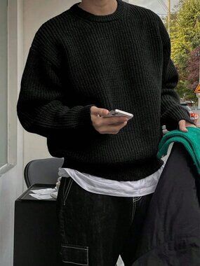 Black Casual Men's Loose Long Sleeve Round Neck Pullover Sweater